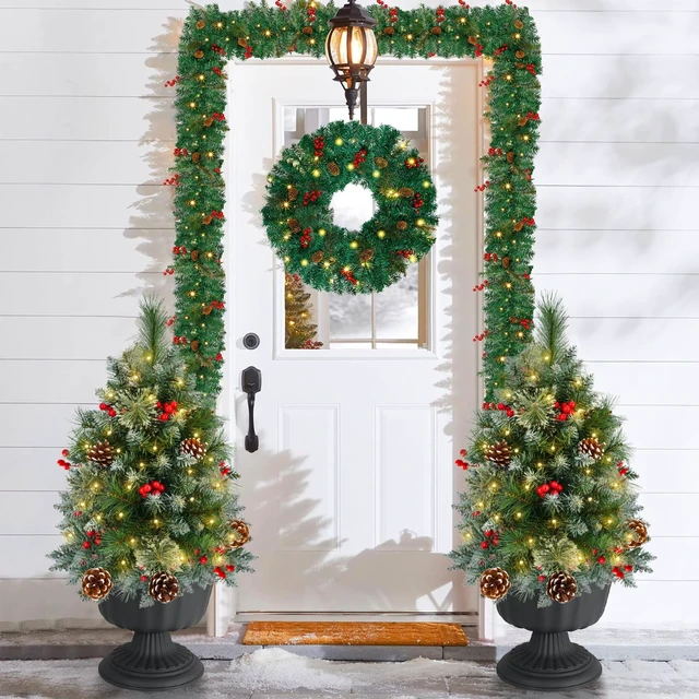 Alt view image 5 of 7 - Tree Urn Filler with Timer, Pre-lit Warm White & Multi-Color Changing LED Lights, Artificial Xmas Tree for Porch, Pathway, Yard, Outdoor Holiday Decoration (2, Tree with Snow)