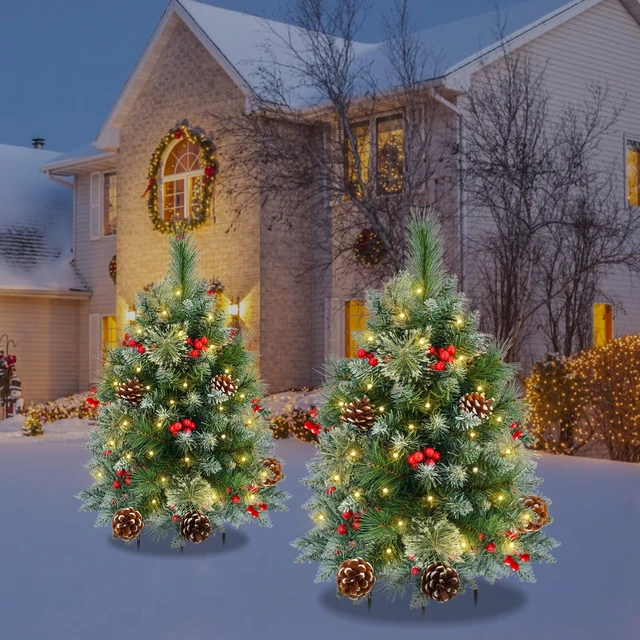 Alt view image 6 of 7 - Tree Urn Filler with Timer, Pre-lit Warm White & Multi-Color Changing LED Lights, Artificial Xmas Tree for Porch, Pathway, Yard, Outdoor Holiday Decoration (2, Tree with Snow)