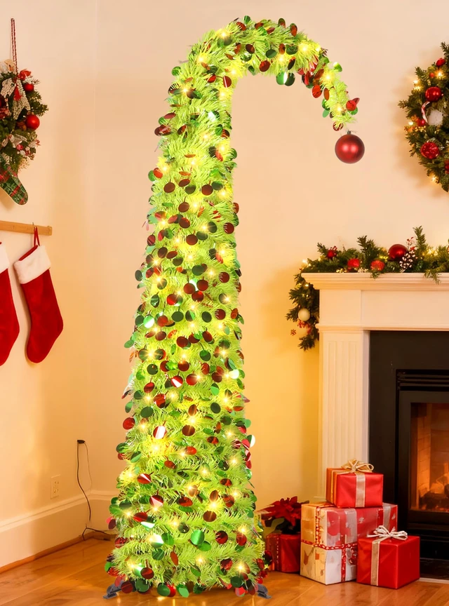 Main image of 5 FT Whimsical Pop Up Christmas Tree with Timer Lights, Lime Green Christmas Tinsel Tree Collapsible Artificial Curved Pencil Tree for Indoor Home Apartment Porch Holiday Party Decorations