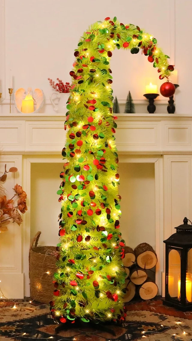 Alt view image 2 of 7 - 5 FT Whimsical Pop Up Christmas Tree with Timer Lights, Lime Green Christmas Tinsel Tree Collapsible Artificial Curved Pencil Tree for Indoor Home Apartment Porch Holiday Party Decorations