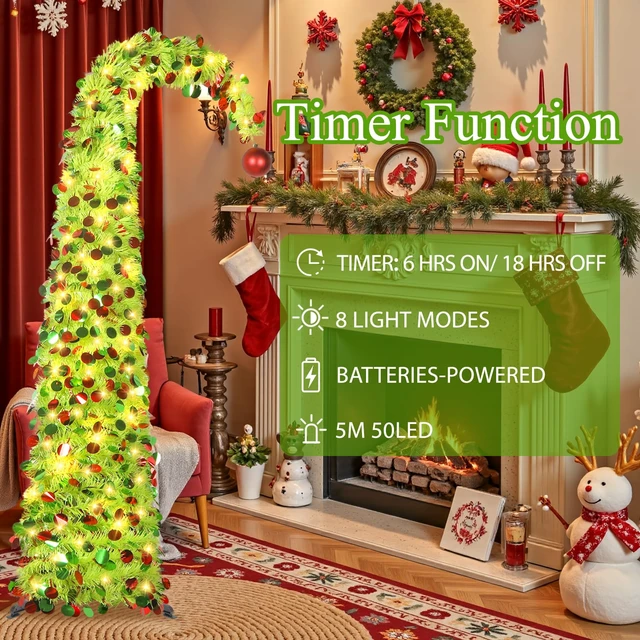 Alt view image 3 of 7 - 5 FT Whimsical Pop Up Christmas Tree with Timer Lights, Lime Green Christmas Tinsel Tree Collapsible Artificial Curved Pencil Tree for Indoor Home Apartment Porch Holiday Party Decorations