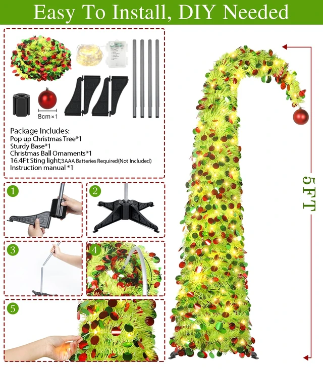 Alt view image 4 of 7 - 5 FT Whimsical Pop Up Christmas Tree with Timer Lights, Lime Green Christmas Tinsel Tree Collapsible Artificial Curved Pencil Tree for Indoor Home Apartment Porch Holiday Party Decorations