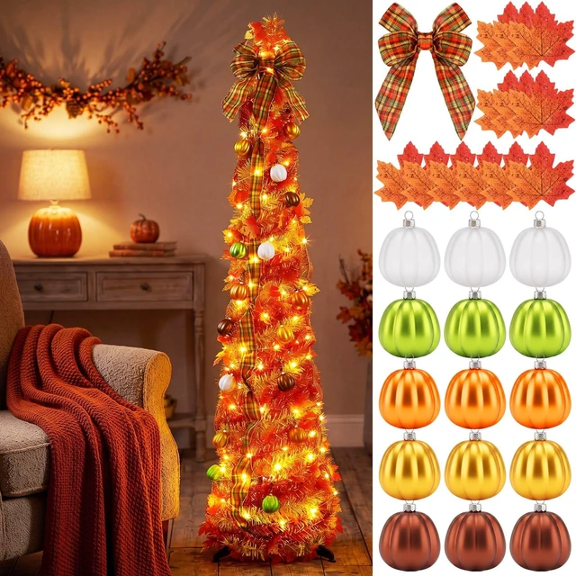Main image of 5ft Pop up Fall Tree with Lights Orange Christmas Tree
Lighted Artificial Maple Tree with Bows Ribbons Ornaments, Pumpkin Decorations for Home, Porch Home Indoor Autumn Decor