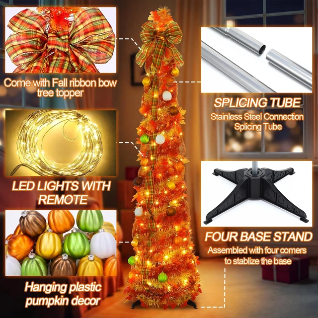 Alt view image 2 of 6 - 5ft Pop up Fall Tree with Lights Orange Christmas Tree
Lighted Artificial Maple Tree with Bows Ribbons Ornaments, Pumpkin Decorations for Home, Porch Home Indoor Autumn Decor