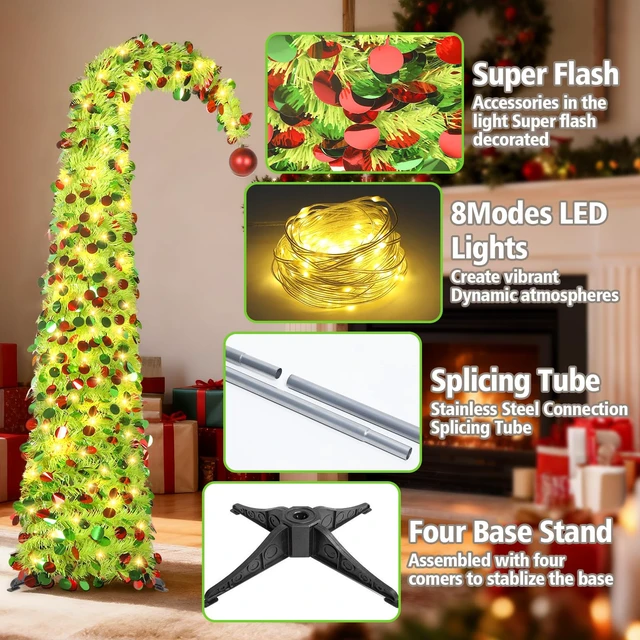 Alt view image 5 of 7 - 5 FT Whimsical Pop Up Christmas Tree with Timer Lights, Lime Green Christmas Tinsel Tree Collapsible Artificial Curved Pencil Tree for Indoor Home Apartment Porch Holiday Party Decorations