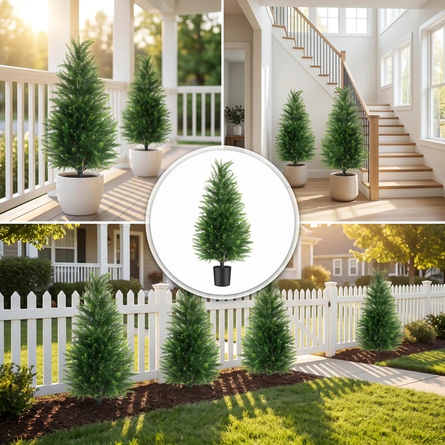 Alt view image 3 of 7 - 3FT Artificial Cedar Trees 2 Pack
Lifelike artificial cypress, UV protected, no watering. Fake outdoor topiary potted plants for porch, patio, garden.