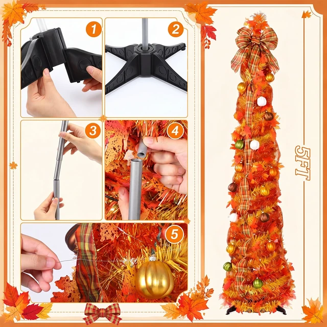 Alt view image 3 of 6 - 5ft Pop up Fall Tree with Lights Orange Christmas Tree
Lighted Artificial Maple Tree with Bows Ribbons Ornaments, Pumpkin Decorations for Home, Porch Home Indoor Autumn Decor