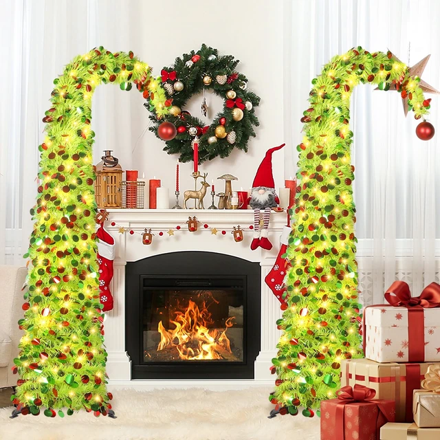 Alt view image 6 of 7 - 5 FT Whimsical Pop Up Christmas Tree with Timer Lights, Lime Green Christmas Tinsel Tree Collapsible Artificial Curved Pencil Tree for Indoor Home Apartment Porch Holiday Party Decorations