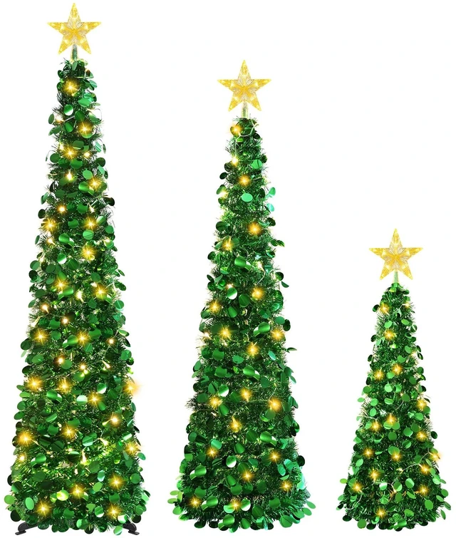 Main image of 3PCS Green Pop Up Christmas Trees with Lighted Top Star, 3FT / 4FT / 5FT
Collapsible Tinsel Pencil Tree with 2-Color Lighted Tree Topper Easy Assembly for Apartment Porch Corner Party XMAS Decor
