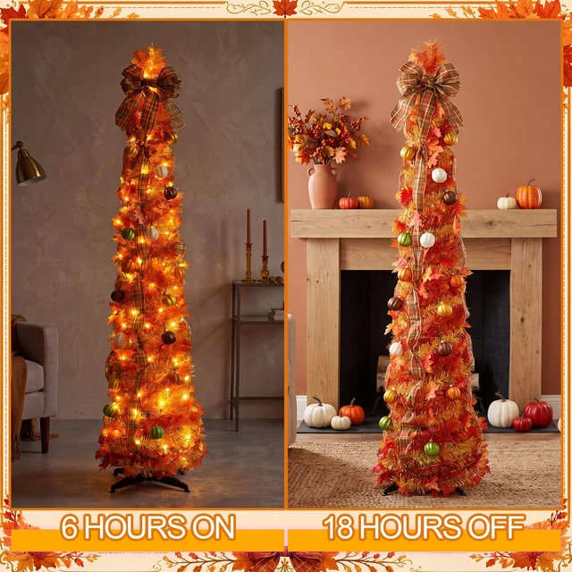Alt view image 4 of 6 - 5ft Pop up Fall Tree with Lights Orange Christmas Tree
Lighted Artificial Maple Tree with Bows Ribbons Ornaments, Pumpkin Decorations for Home, Porch Home Indoor Autumn Decor