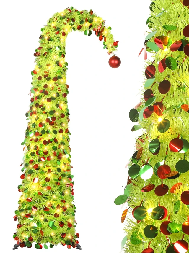 Alt view image 7 of 7 - 5 FT Whimsical Pop Up Christmas Tree with Timer Lights, Lime Green Christmas Tinsel Tree Collapsible Artificial Curved Pencil Tree for Indoor Home Apartment Porch Holiday Party Decorations
