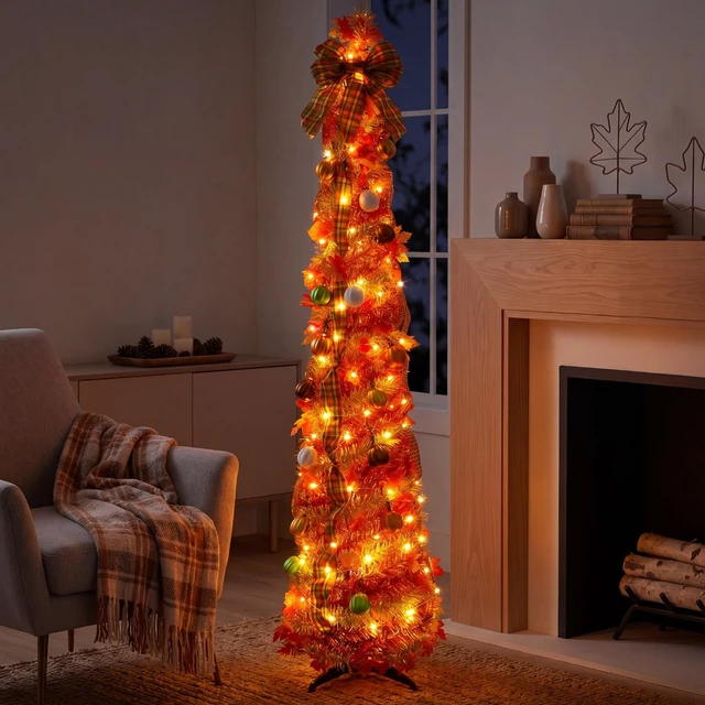 Alt view image 5 of 6 - 5ft Pop up Fall Tree with Lights Orange Christmas Tree
Lighted Artificial Maple Tree with Bows Ribbons Ornaments, Pumpkin Decorations for Home, Porch Home Indoor Autumn Decor