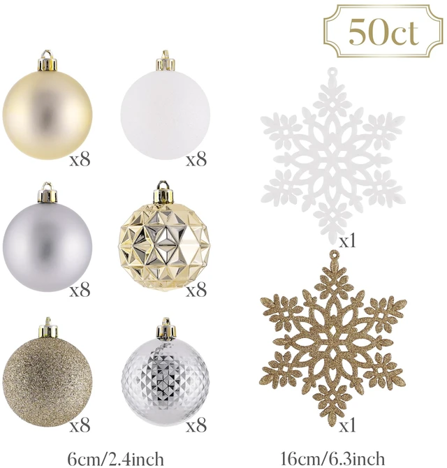 Alt view image 3 of 6 - Madelyn 50ct Christmas Tree Decorations Ball Ornaments 2.36 Inches
White and Gold Shatterproof Christmas Decorations Set, Hanging Ball Ornaments for Xmas Holiday Party Decor