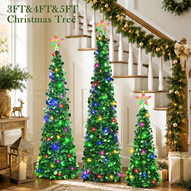Alt view image 3 of 6 - 3PCS Green Pop Up Christmas Trees with Lighted Top Star, 3FT / 4FT / 5FT
Collapsible Tinsel Pencil Tree with 2-Color Lighted Tree Topper Easy Assembly for Apartment Porch Corner Party XMAS Decor