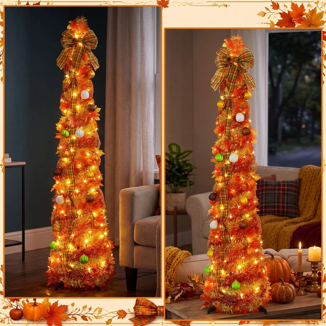 Alt view image 6 of 6 - 5ft Pop up Fall Tree with Lights Orange Christmas Tree
Lighted Artificial Maple Tree with Bows Ribbons Ornaments, Pumpkin Decorations for Home, Porch Home Indoor Autumn Decor