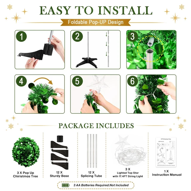 Alt view image 4 of 6 - 3PCS Green Pop Up Christmas Trees with Lighted Top Star, 3FT / 4FT / 5FT
Collapsible Tinsel Pencil Tree with 2-Color Lighted Tree Topper Easy Assembly for Apartment Porch Corner Party XMAS Decor