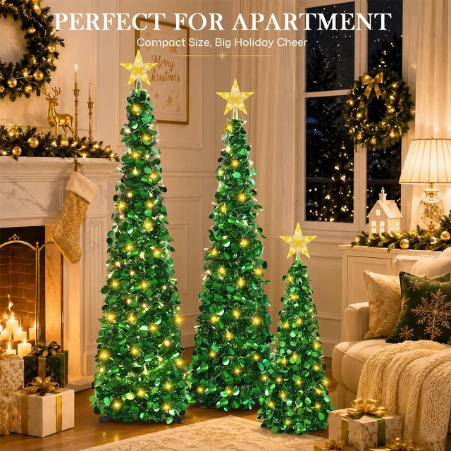 Alt view image 5 of 6 - 3PCS Green Pop Up Christmas Trees with Lighted Top Star, 3FT / 4FT / 5FT
Collapsible Tinsel Pencil Tree with 2-Color Lighted Tree Topper Easy Assembly for Apartment Porch Corner Party XMAS Decor