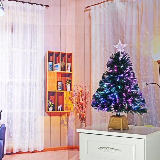 Alt view image 2 of 6 - 24inch Green Fiber Optic Christmas Tree,Pre-Lit Artificial Mini Christmas Tree, Tabletop Small Xmas Tree with Stars Holiday Home Decorations