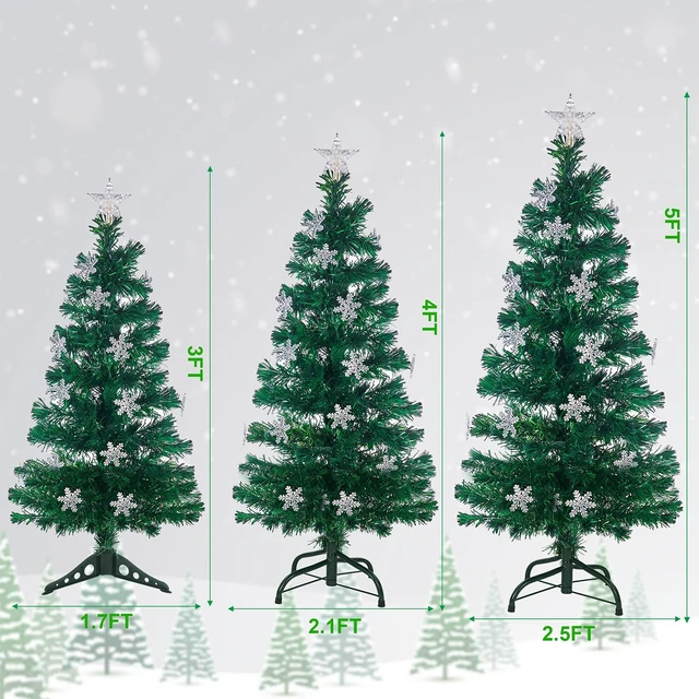 Alt view image 2 of 7 - 3 ft Pre-Lit Green Artificial Christmas Tree, Lighted Optical Fiber Table Mini Xmas Trees with Color Changing Lights, Snowflakes & Top Star, Fake Multicolored Tree for Festive Party Holiday