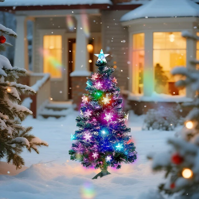Alt view image 3 of 7 - 3 ft Pre-Lit Green Artificial Christmas Tree, Lighted Optical Fiber Table Mini Xmas Trees with Color Changing Lights, Snowflakes & Top Star, Fake Multicolored Tree for Festive Party Holiday