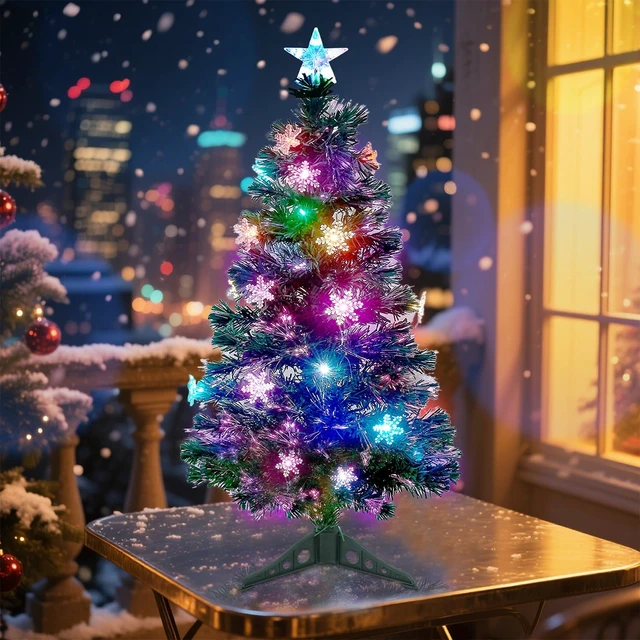 Alt view image 6 of 7 - 3 ft Pre-Lit Green Artificial Christmas Tree, Lighted Optical Fiber Table Mini Xmas Trees with Color Changing Lights, Snowflakes & Top Star, Fake Multicolored Tree for Festive Party Holiday