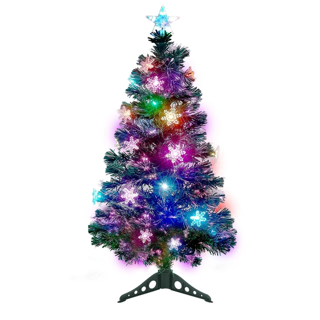 Alt view image 7 of 7 - 3 ft Pre-Lit Green Artificial Christmas Tree, Lighted Optical Fiber Table Mini Xmas Trees with Color Changing Lights, Snowflakes & Top Star, Fake Multicolored Tree for Festive Party Holiday