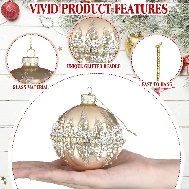 Alt view image 3 of 7 - 3 Pcs Champagne Christmas Glass Ball Ornament Xmas Tree Decoration
Beaded Sequined Glitter Ball, Xmas Hanging Glass Baubles, for Holiday Xmas Tree Party Decor