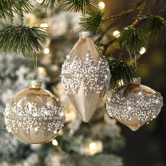Alt view image 4 of 7 - 3 Pcs Champagne Christmas Glass Ball Ornament Xmas Tree Decoration
Beaded Sequined Glitter Ball, Xmas Hanging Glass Baubles, for Holiday Xmas Tree Party Decor