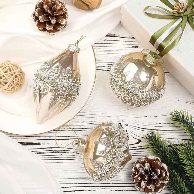 Alt view image 5 of 7 - 3 Pcs Champagne Christmas Glass Ball Ornament Xmas Tree Decoration
Beaded Sequined Glitter Ball, Xmas Hanging Glass Baubles, for Holiday Xmas Tree Party Decor