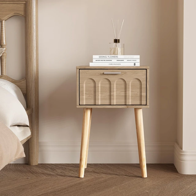 Alt view image 2 of 7 - Nightstand Set of 2, Small Bed Side Table with Arch Door
Mid-Century Bedside Table, End Table with Wood Legs for Bedroom, Small Space (Natural)
