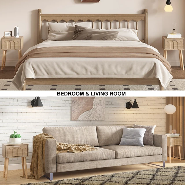 Alt view image 5 of 7 - Nightstand Set of 2, Small Bed Side Table with Arch Door
Mid-Century Bedside Table, End Table with Wood Legs for Bedroom, Small Space (Natural)