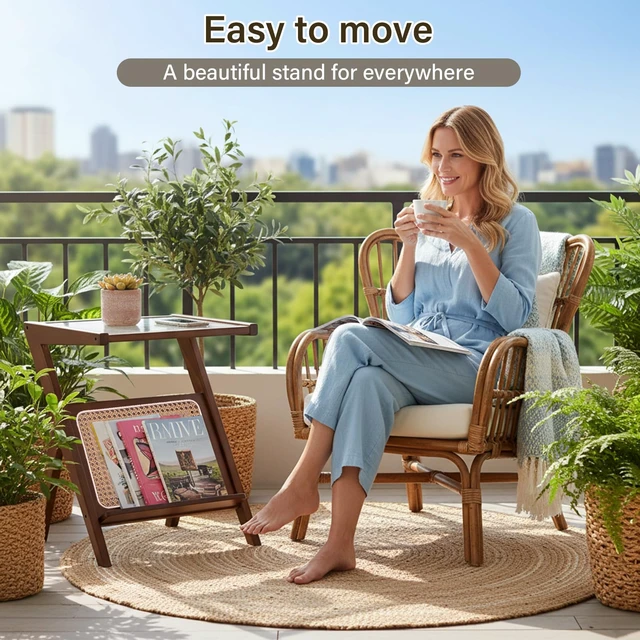Alt view image 4 of 7 - Brown Rattan Nightstand, Bamboo Side Table with Glass Top and Storage
Boho-Inspired Design, Compact Footprint Keeps Lamps, Books and Decor Close in Living Rooms, Bedrooms and Small Spaces