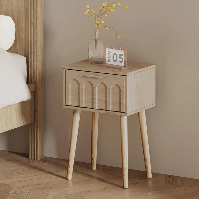 Alt view image 7 of 7 - Nightstand Set of 2, Small Bed Side Table with Arch Door
Mid-Century Bedside Table, End Table with Wood Legs for Bedroom, Small Space (Natural)