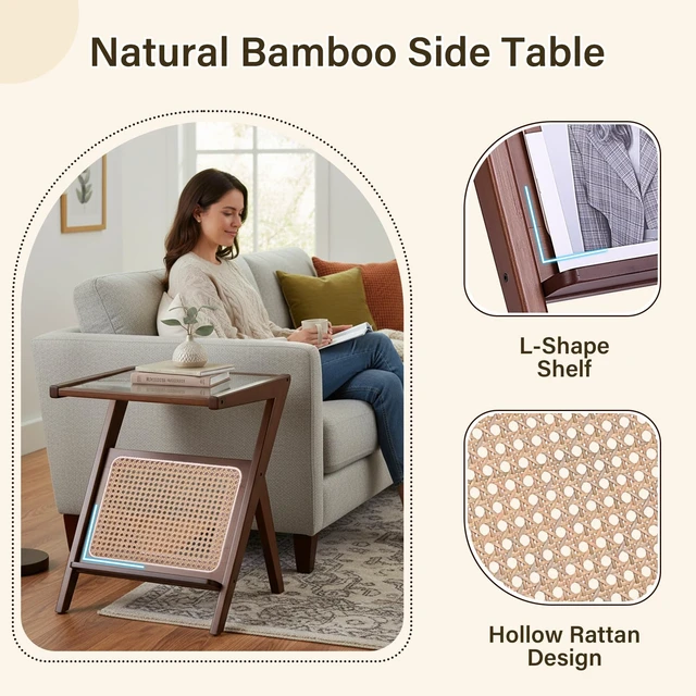 Alt view image 5 of 7 - Brown Rattan Nightstand, Bamboo Side Table with Glass Top and Storage
Boho-Inspired Design, Compact Footprint Keeps Lamps, Books and Decor Close in Living Rooms, Bedrooms and Small Spaces
