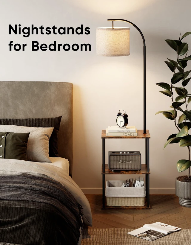 Alt view image 7 of 7 - Lamp with Table 2-Pack, Nightstands End Side Table for Living Room
Set of 2, Small Narrow Coffee Table with Lamp, Standing Lamp with Storage Shelves, 3CCT Bulb,Bedroom Office Home Décor, Brown