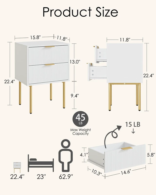 Alt view image 2 of 7 - Nightstand with 2 Drawers, White Stripe Night Stand and Gold Frame
Modern Storage Bedside Table with Spacious Drawer, Small Side End Table for Bedroom, Living Room, 15.35"W x 11.42"D x 22.44"H