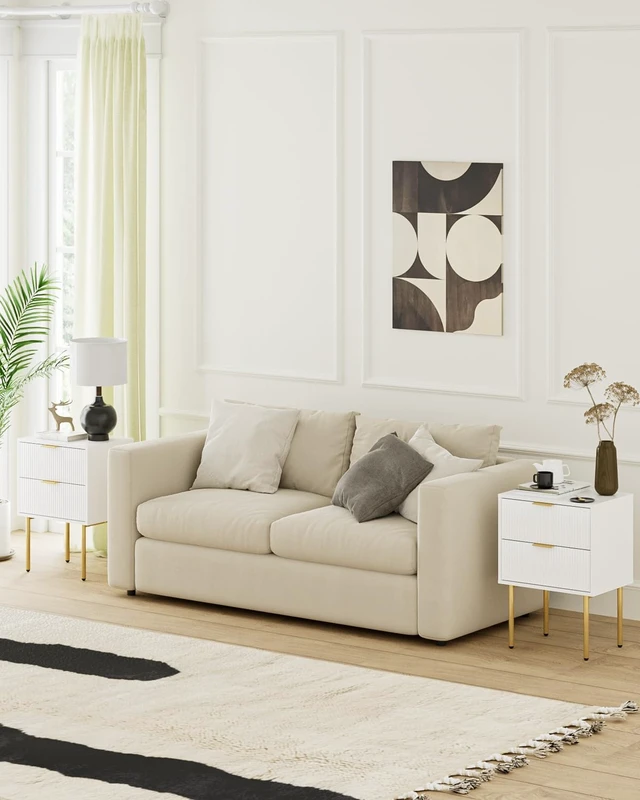 Alt view image 3 of 7 - Nightstand with 2 Drawers, White Stripe Night Stand and Gold Frame
Modern Storage Bedside Table with Spacious Drawer, Small Side End Table for Bedroom, Living Room, 15.35"W x 11.42"D x 22.44"H