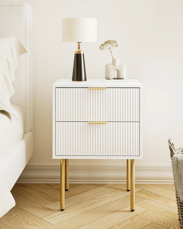 Alt view image 4 of 7 - Nightstand with 2 Drawers, White Stripe Night Stand and Gold Frame
Modern Storage Bedside Table with Spacious Drawer, Small Side End Table for Bedroom, Living Room, 15.35"W x 11.42"D x 22.44"H