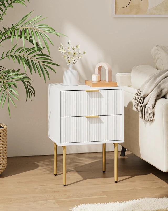Alt view image 5 of 7 - Nightstand with 2 Drawers, White Stripe Night Stand and Gold Frame
Modern Storage Bedside Table with Spacious Drawer, Small Side End Table for Bedroom, Living Room, 15.35"W x 11.42"D x 22.44"H