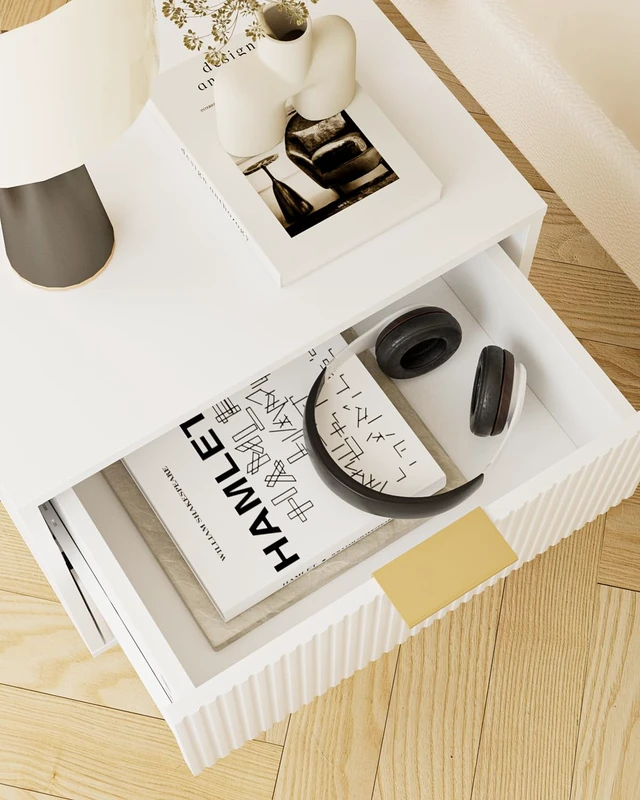 Alt view image 6 of 7 - Nightstand with 2 Drawers, White Stripe Night Stand and Gold Frame
Modern Storage Bedside Table with Spacious Drawer, Small Side End Table for Bedroom, Living Room, 15.35"W x 11.42"D x 22.44"H