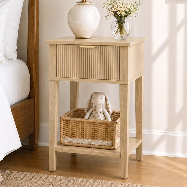 Main image of Wide Small Nightstand with Drawer,Open Shelf,Fluted
Light oak tone, ribbed fluted front, 11.8-inch slim depth, concealed storage, airy fit for bedside, sofa side, or chair side