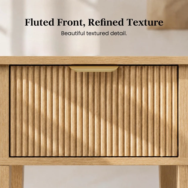 Alt view image 2 of 6 - Wide Small Nightstand with Drawer,Open Shelf,Fluted
Light oak tone, ribbed fluted front, 11.8-inch slim depth, concealed storage, airy fit for bedside, sofa side, or chair side