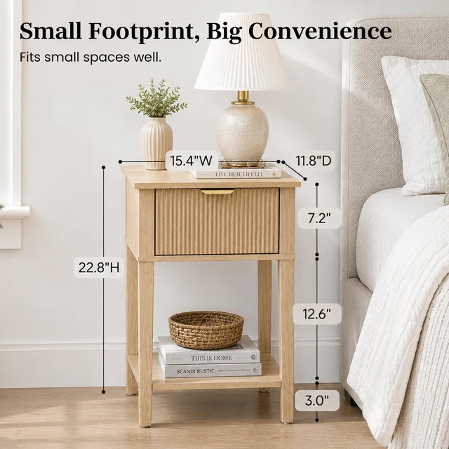 Alt view image 3 of 6 - Wide Small Nightstand with Drawer,Open Shelf,Fluted
Light oak tone, ribbed fluted front, 11.8-inch slim depth, concealed storage, airy fit for bedside, sofa side, or chair side