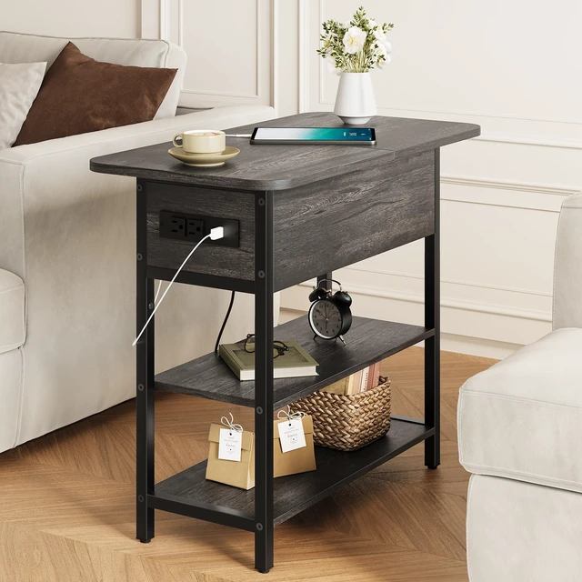 Alt view image 2 of 6 - End Table with Charging Station, Flip Top Side Table with USB Ports and Outlets, Sofa Couch Table Bedside Table for Living Room Bedroom, Narrow Nightstand with Storage Shelves for Small Space