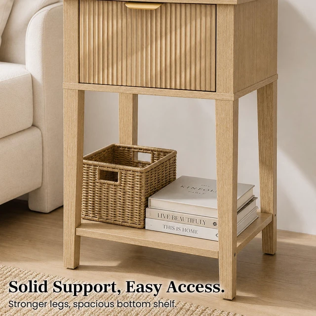 Alt view image 4 of 6 - Wide Small Nightstand with Drawer,Open Shelf,Fluted
Light oak tone, ribbed fluted front, 11.8-inch slim depth, concealed storage, airy fit for bedside, sofa side, or chair side
