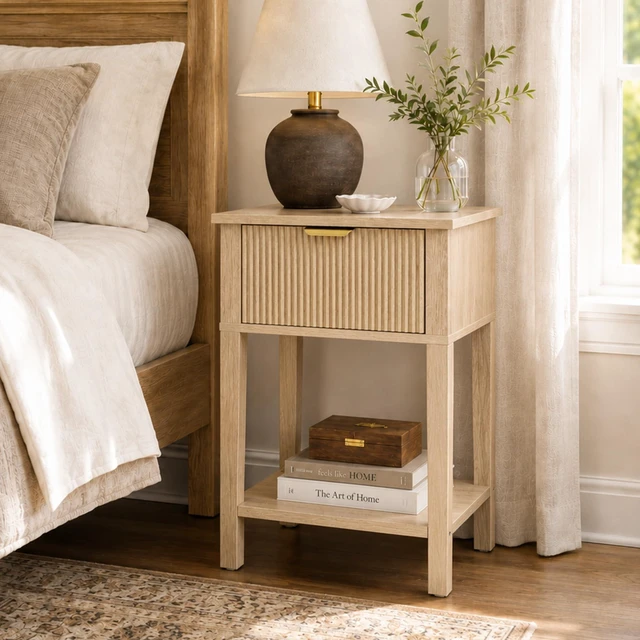 Alt view image 5 of 6 - Wide Small Nightstand with Drawer,Open Shelf,Fluted
Light oak tone, ribbed fluted front, 11.8-inch slim depth, concealed storage, airy fit for bedside, sofa side, or chair side