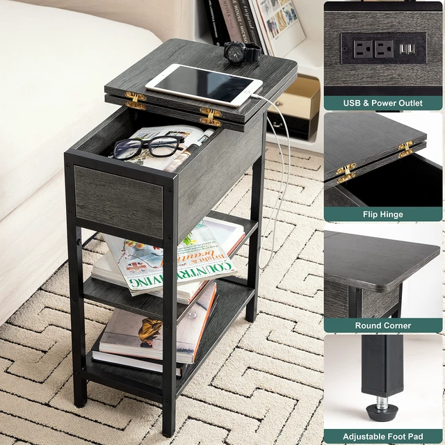Alt view image 3 of 6 - End Table with Charging Station, Flip Top Side Table with USB Ports and Outlets, Sofa Couch Table Bedside Table for Living Room Bedroom, Narrow Nightstand with Storage Shelves for Small Space