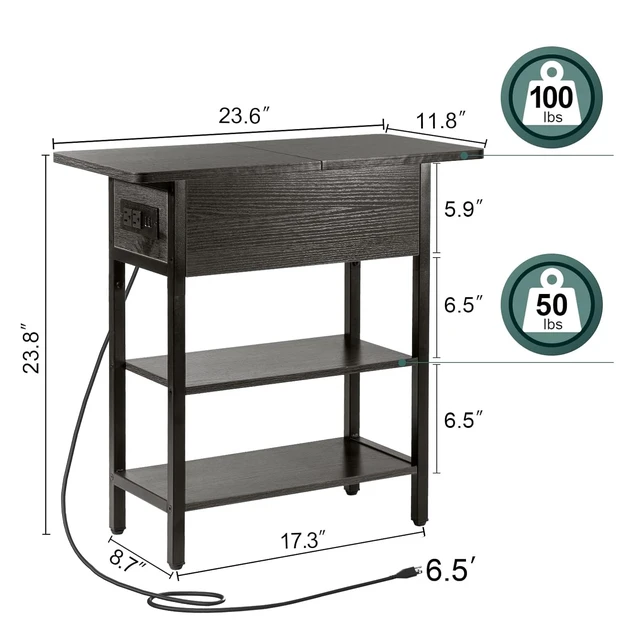 Alt view image 4 of 6 - End Table with Charging Station, Flip Top Side Table with USB Ports and Outlets, Sofa Couch Table Bedside Table for Living Room Bedroom, Narrow Nightstand with Storage Shelves for Small Space