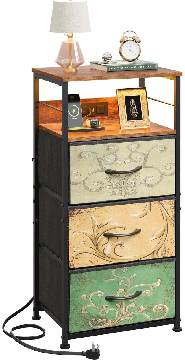 Main image of Night Stand with Charging Station, LED 3 Drawer Bedside Table, Floral
LED Tall Dresser, App RGB Lights, 3USB+2AC, 3Drawers+Open Shelf, Waterproof, Stable, Easy Assembly