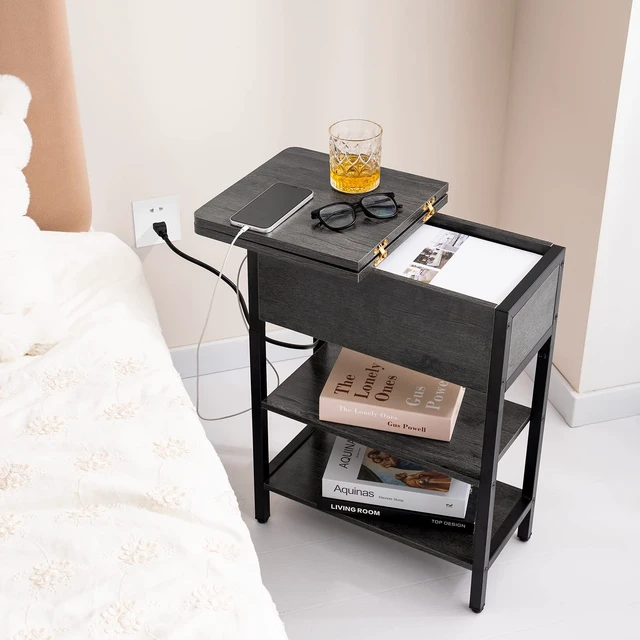 Alt view image 5 of 6 - End Table with Charging Station, Flip Top Side Table with USB Ports and Outlets, Sofa Couch Table Bedside Table for Living Room Bedroom, Narrow Nightstand with Storage Shelves for Small Space